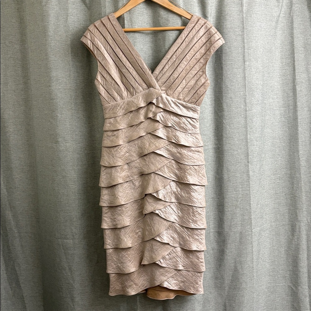 Aidan Mattox Champagne Shimmer Niteline Tiered Ruffle Sheath Dress Size 4